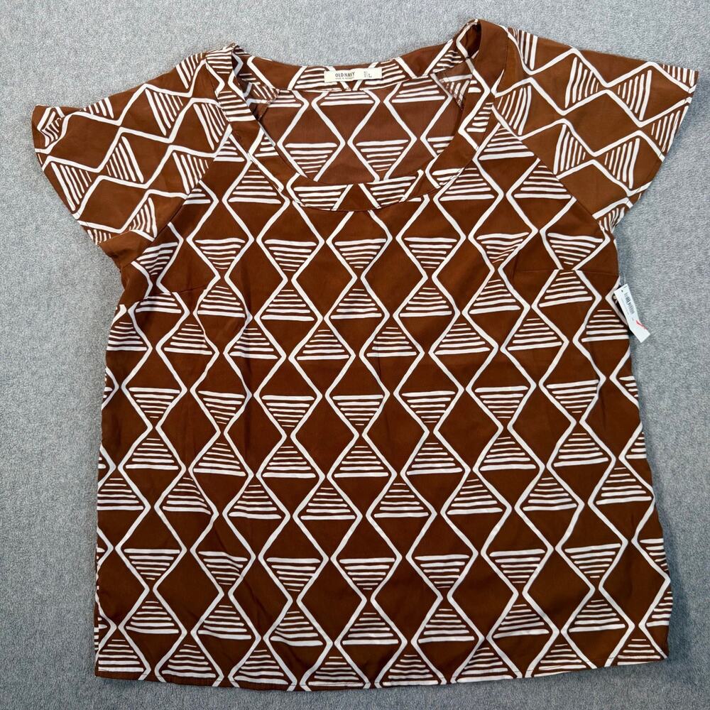 Old Navy Women's Large Brown White Geometric Pattern Short Sleeve Blouse Top